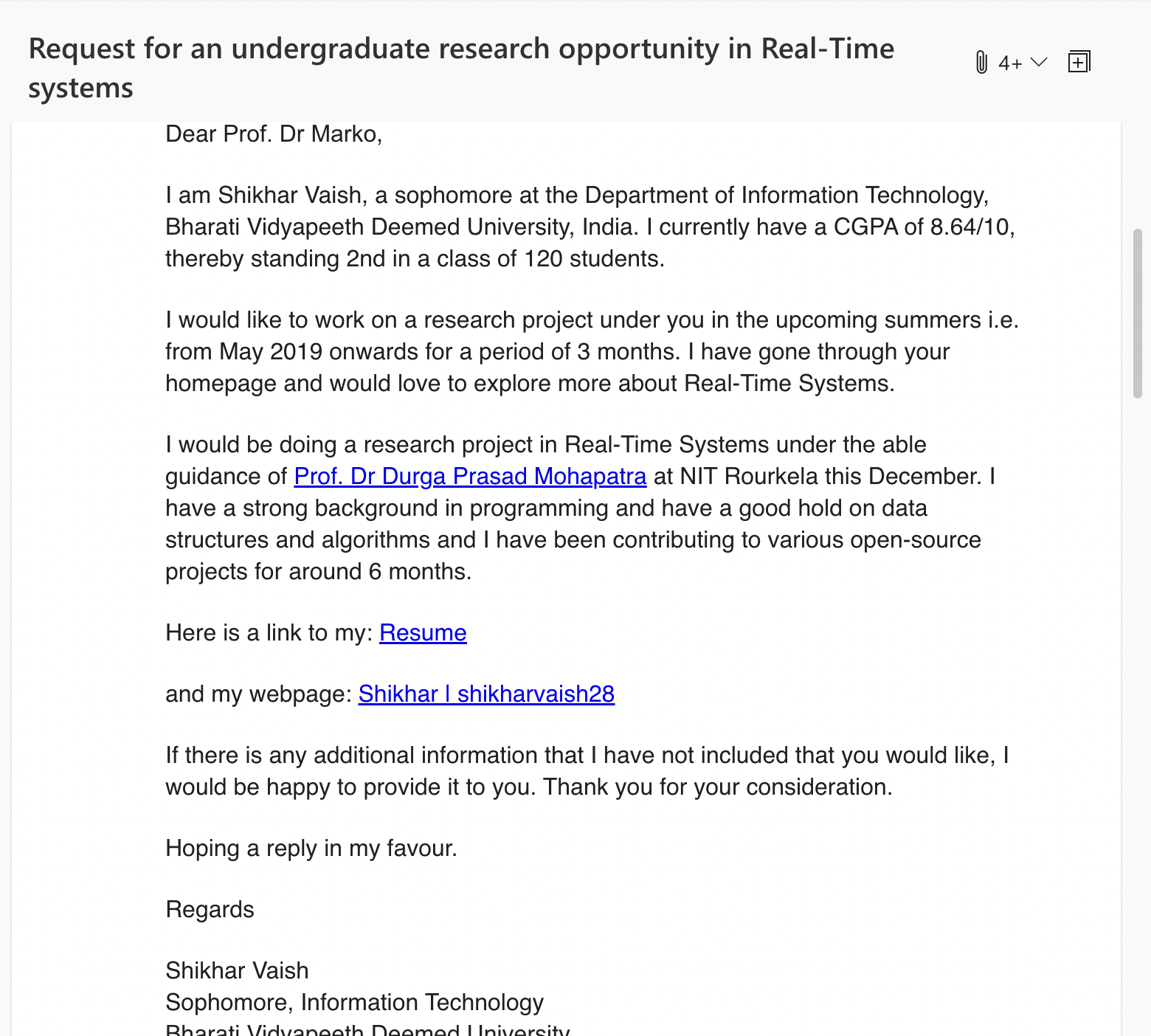 The email I wrote for an internship at HiPeRT Lab, Italy